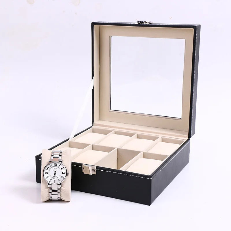 DELESYS  Classic Style 2/3/4/5/6/8/10/12/20 Slots PU Leather Watch Display Case Organizer Jewelry Storage Box With Glass Top
