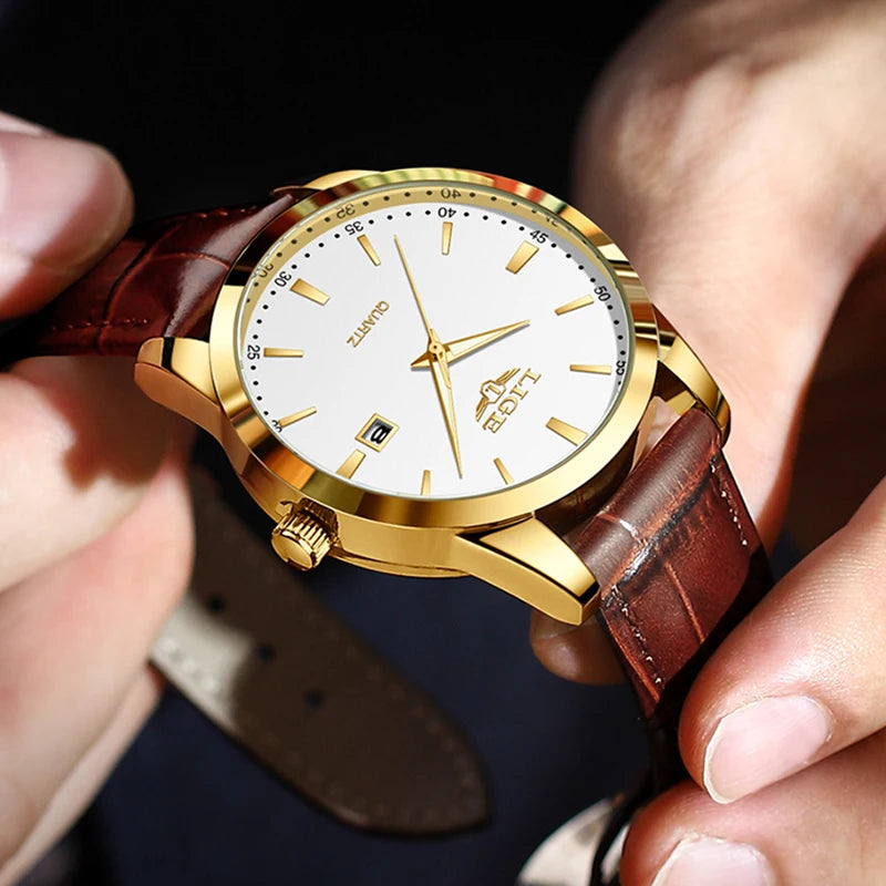 LIGE Men's Leather Chronograph Watch