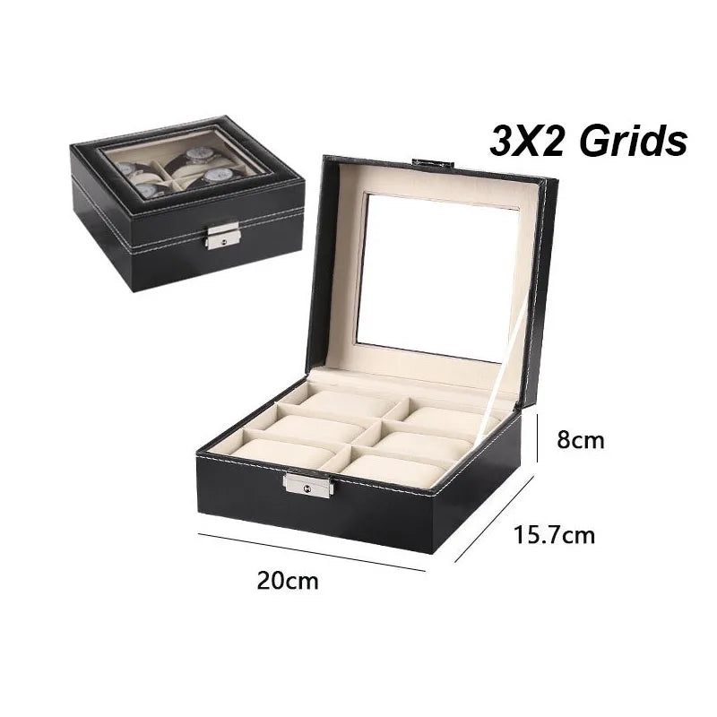 DELESYS  Classic Style 2/3/4/5/6/8/10/12/20 Slots PU Leather Watch Display Case Organizer Jewelry Storage Box With Glass Top