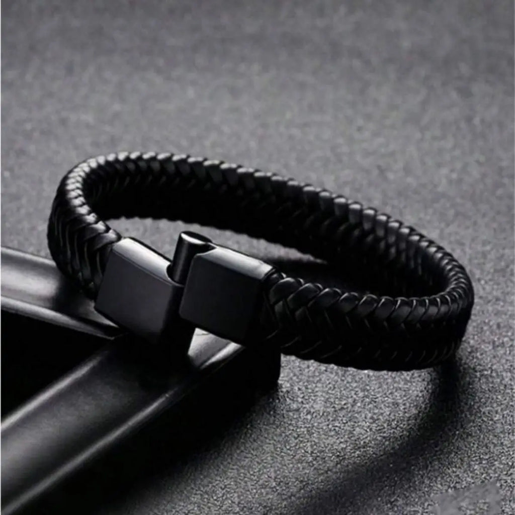 Premium Men's Woven Leather Bangle Bracelet