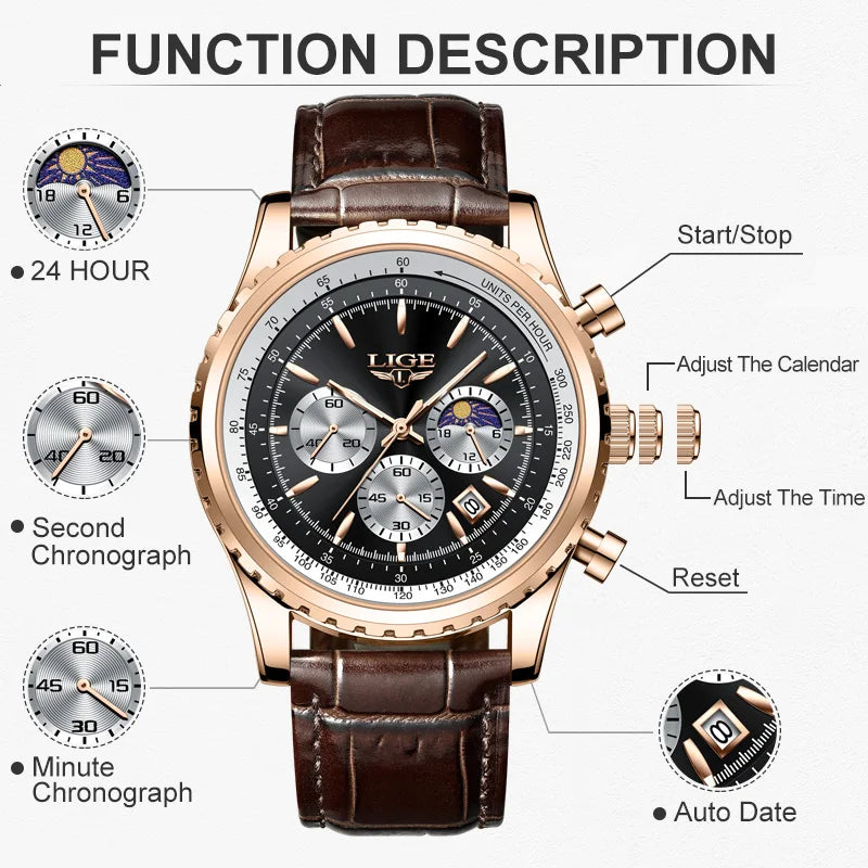 New Fashion Mens Watches LIGE Top Brand Luxury Leather Casual Quartz Watch Men's Sport Waterproof Clock Watch Reloj Hombre+Box