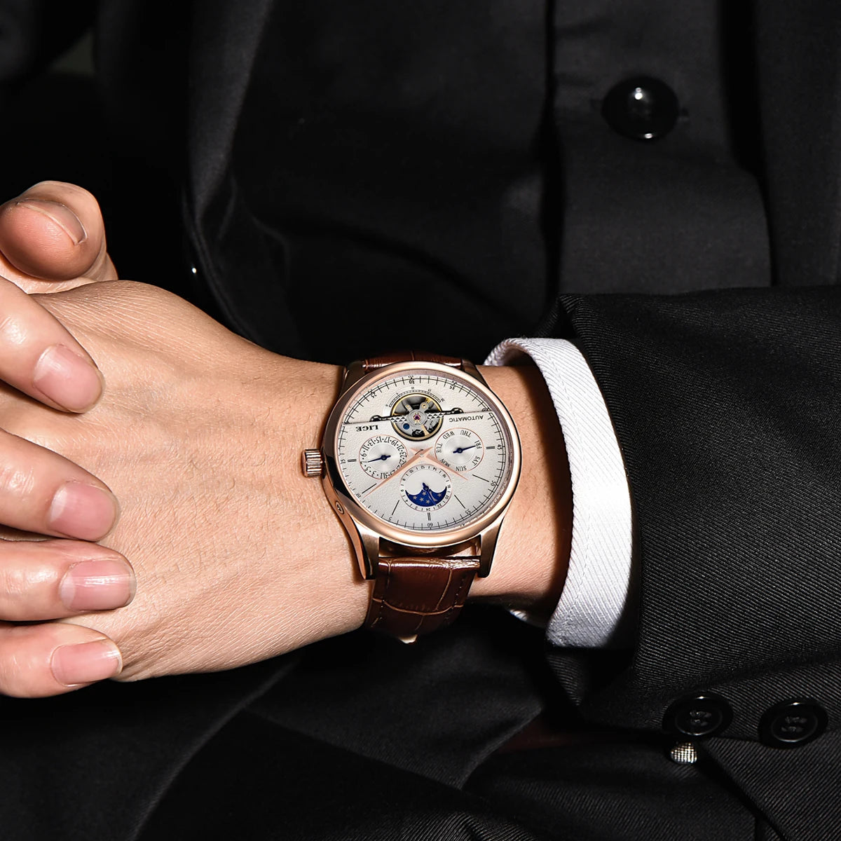 LIGE Business Automatic Watch Men Mechanical Wristwatch Waterproof Leather Date Hollow Tourbillon Diving Watch Relogio mecanico