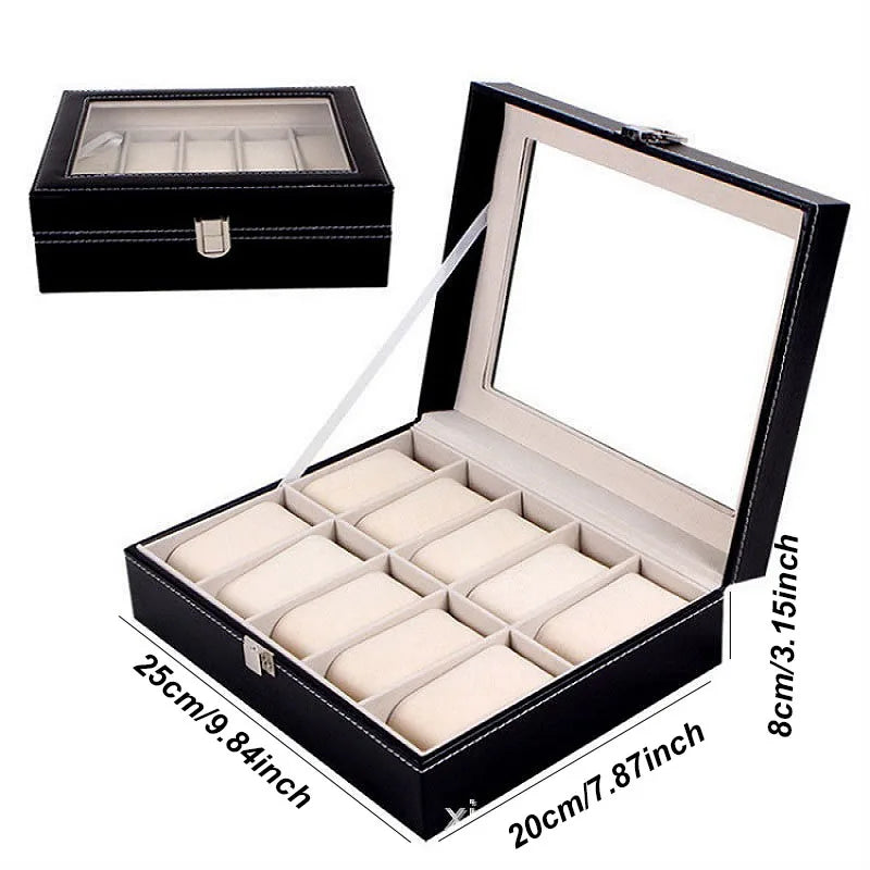 DELESYS  Classic Style 2/3/4/5/6/8/10/12/20 Slots PU Leather Watch Display Case Organizer Jewelry Storage Box With Glass Top