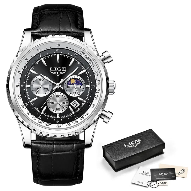 New Fashion Mens Watches LIGE Top Brand Luxury Leather Casual Quartz Watch Men's Sport Waterproof Clock Watch Reloj Hombre+Box