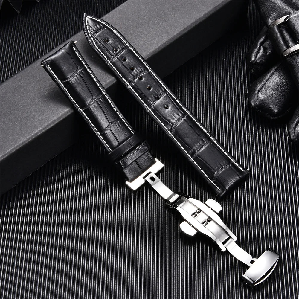 Premium Calfskin Leather Watch Band with Butterfly Buckle