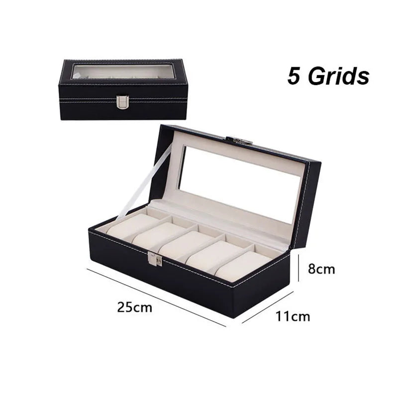 DELESYS  Classic Style 2/3/4/5/6/8/10/12/20 Slots PU Leather Watch Display Case Organizer Jewelry Storage Box With Glass Top