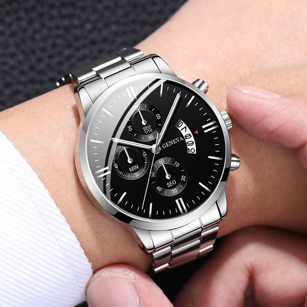 Men's Steel Band Watch & Bracelet Set