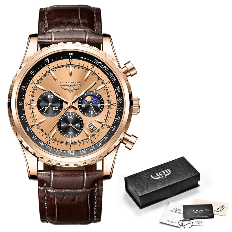 New Fashion Mens Watches LIGE Top Brand Luxury Leather Casual Quartz Watch Men's Sport Waterproof Clock Watch Reloj Hombre+Box