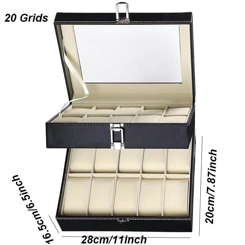 DELESYS  Classic Style 2/3/4/5/6/8/10/12/20 Slots PU Leather Watch Display Case Organizer Jewelry Storage Box With Glass Top