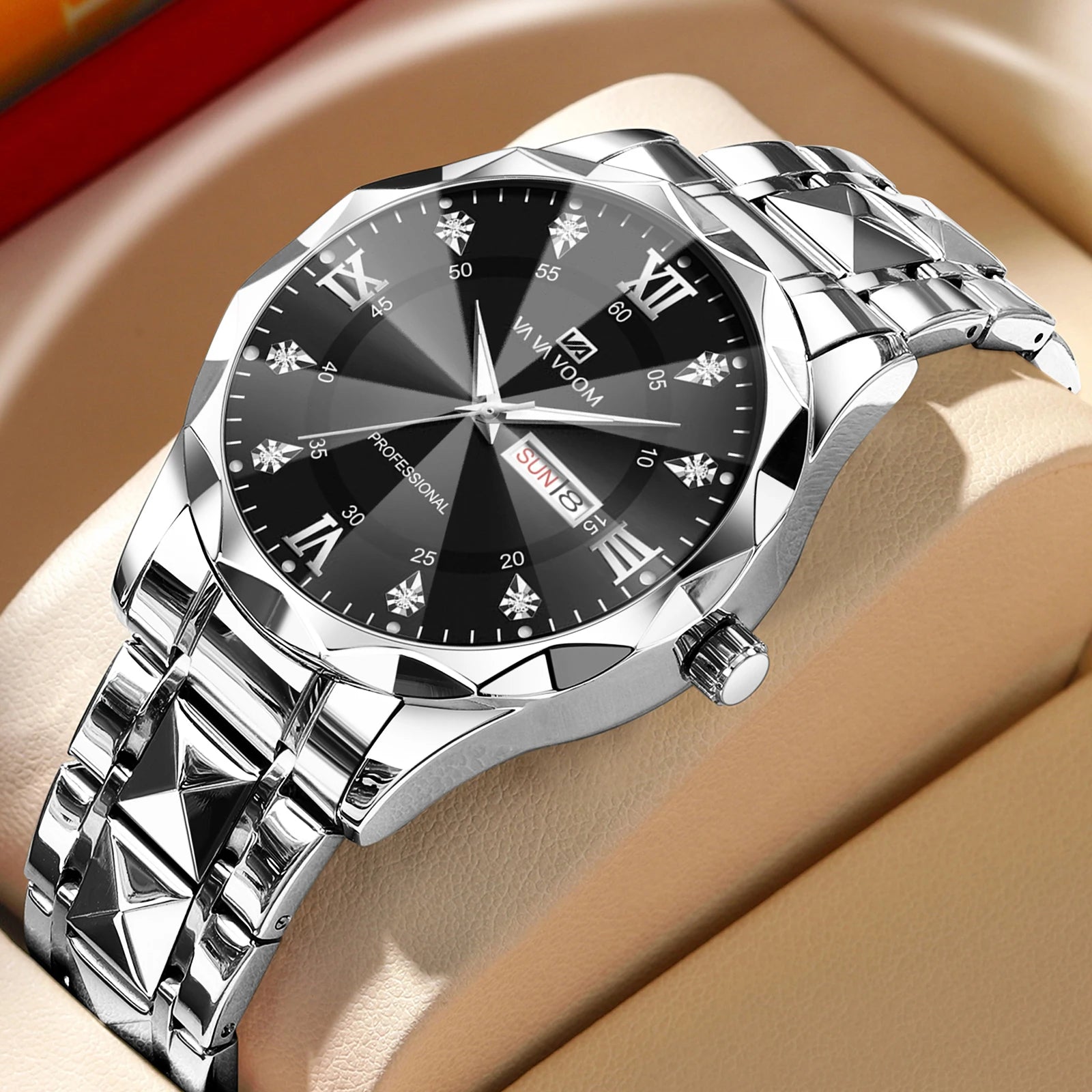 Men's Diamond Dial Stainless Steel Watch