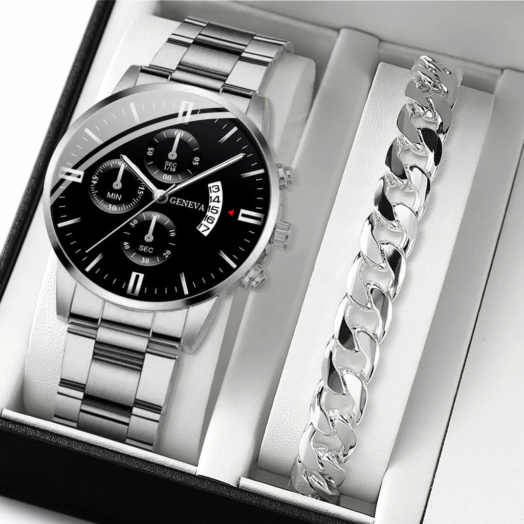 Men's Steel Band Watch & Bracelet Set