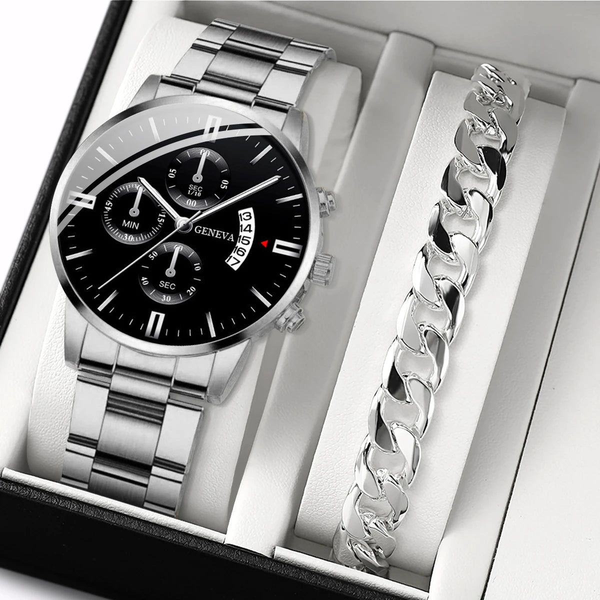 Men's Steel Band Watch & Bracelet Set