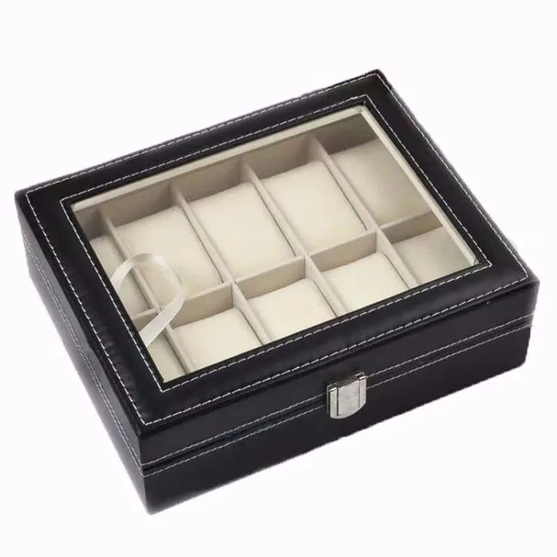 DELESYS  Classic Style 2/3/4/5/6/8/10/12/20 Slots PU Leather Watch Display Case Organizer Jewelry Storage Box With Glass Top