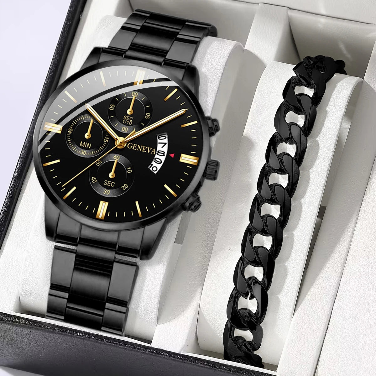 Men's Steel Band Watch & Bracelet Set