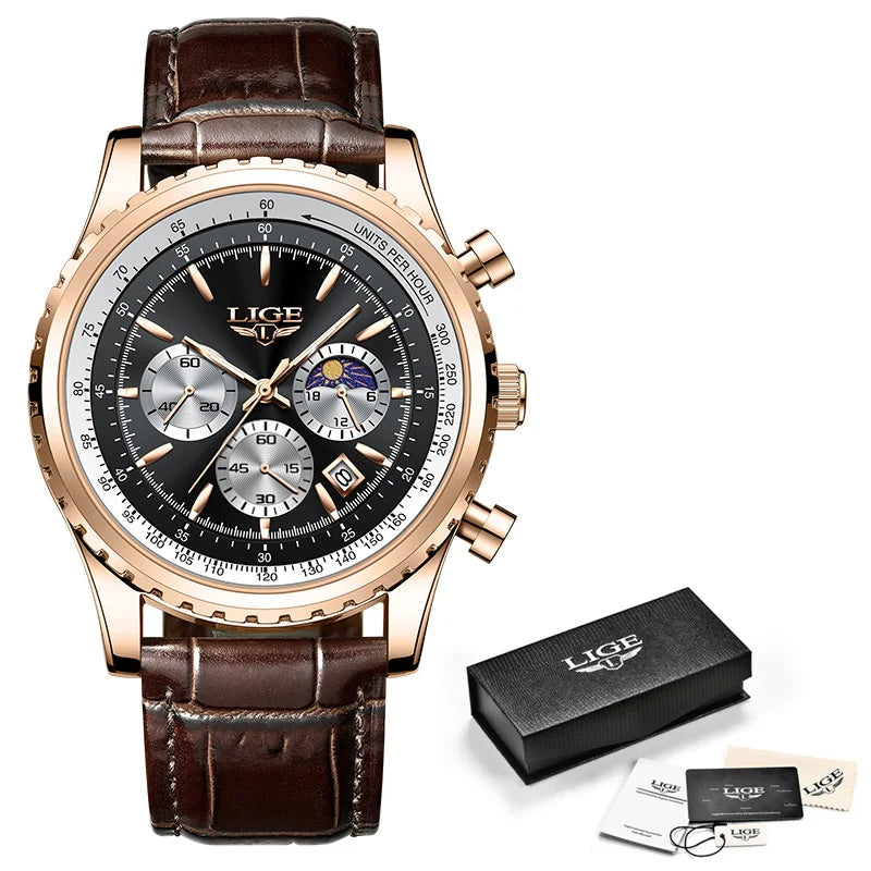New Fashion Mens Watches LIGE Top Brand Luxury Leather Casual Quartz Watch Men's Sport Waterproof Clock Watch Reloj Hombre+Box