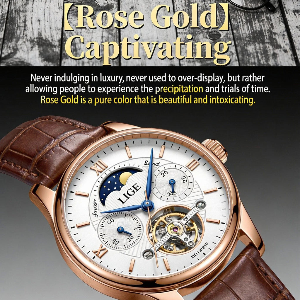 LIGE Business Automatic Watch Men Mechanical Wristwatch Waterproof Leather Date Hollow Tourbillon Diving Watch Relogio mecanico