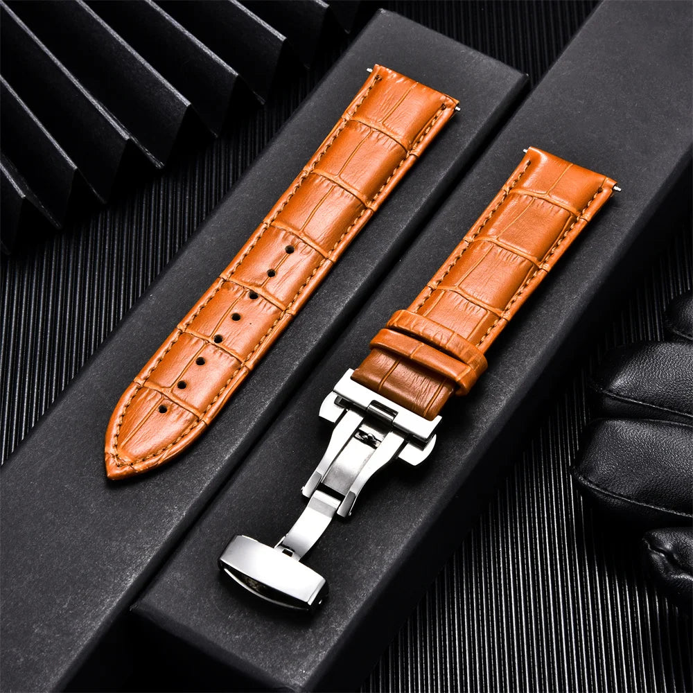 Premium Calfskin Leather Watch Band with Butterfly Buckle