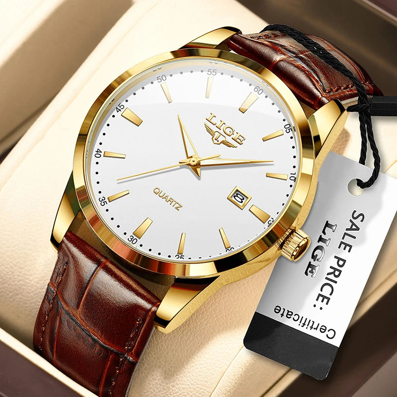 LIGE Men's Leather Chronograph Watch