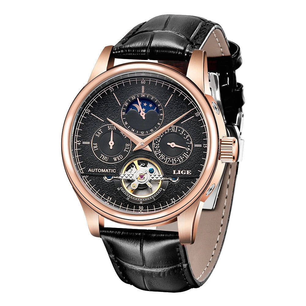 LIGE Business Automatic Watch Men Mechanical Wristwatch Waterproof Leather Date Hollow Tourbillon Diving Watch Relogio mecanico