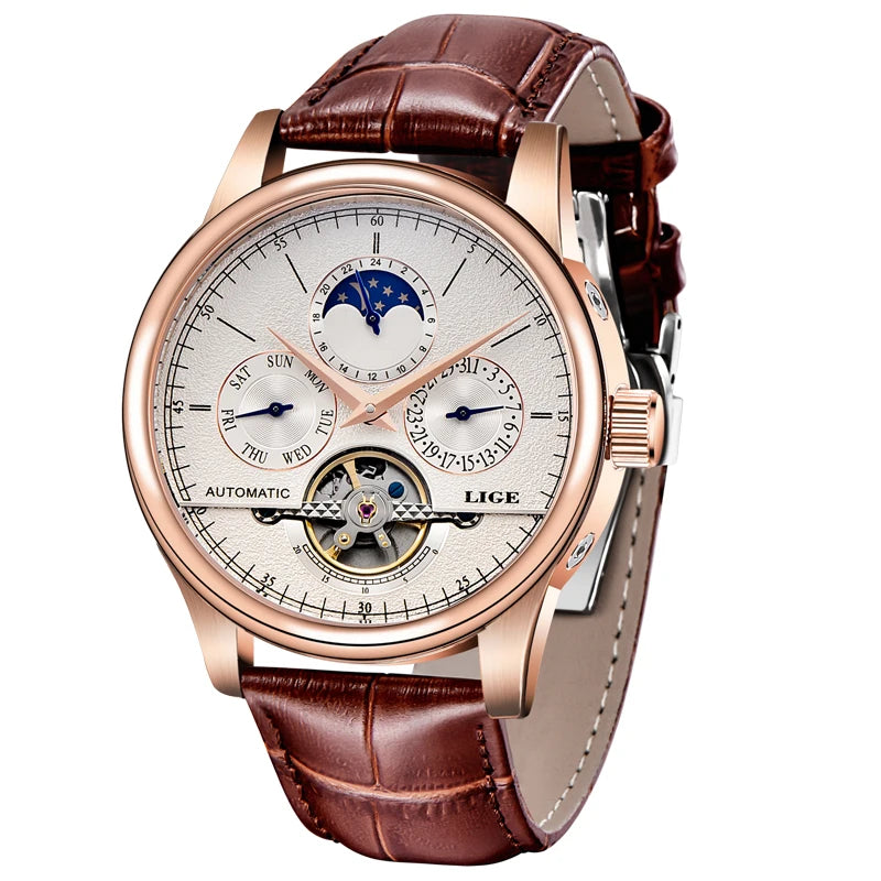 LIGE Men Watches Automatic Mechanical Watch Tourbillon Clock Genuine Leather Waterproof Watch Men Military Wristwatch Man