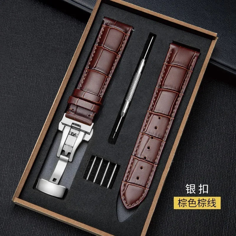 Watch Band with Wooden Box Butterfly Clasp Watchband Replacement Genuine Leather Strap 18mm 20mm 22mm Bracelet Watch Accessories