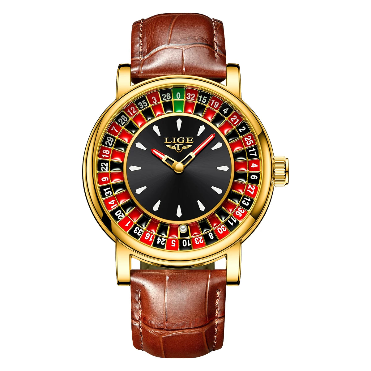 LIGE Men's Rotating Dial Leather Watch