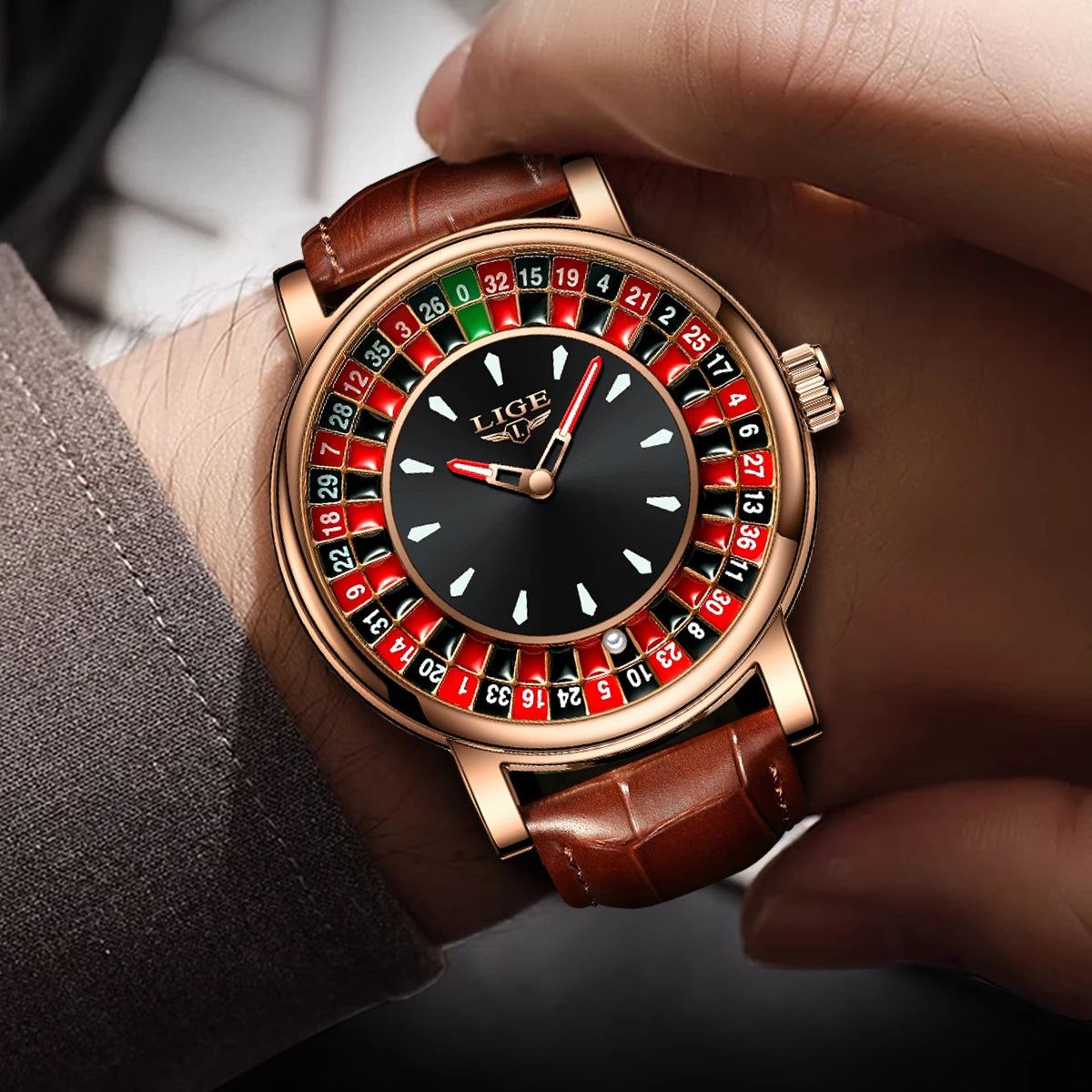 LIGE Men's Rotating Dial Leather Watch