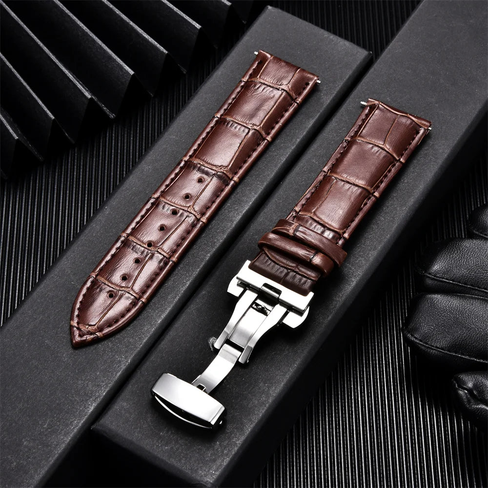 Premium Calfskin Leather Watch Band with Butterfly Buckle