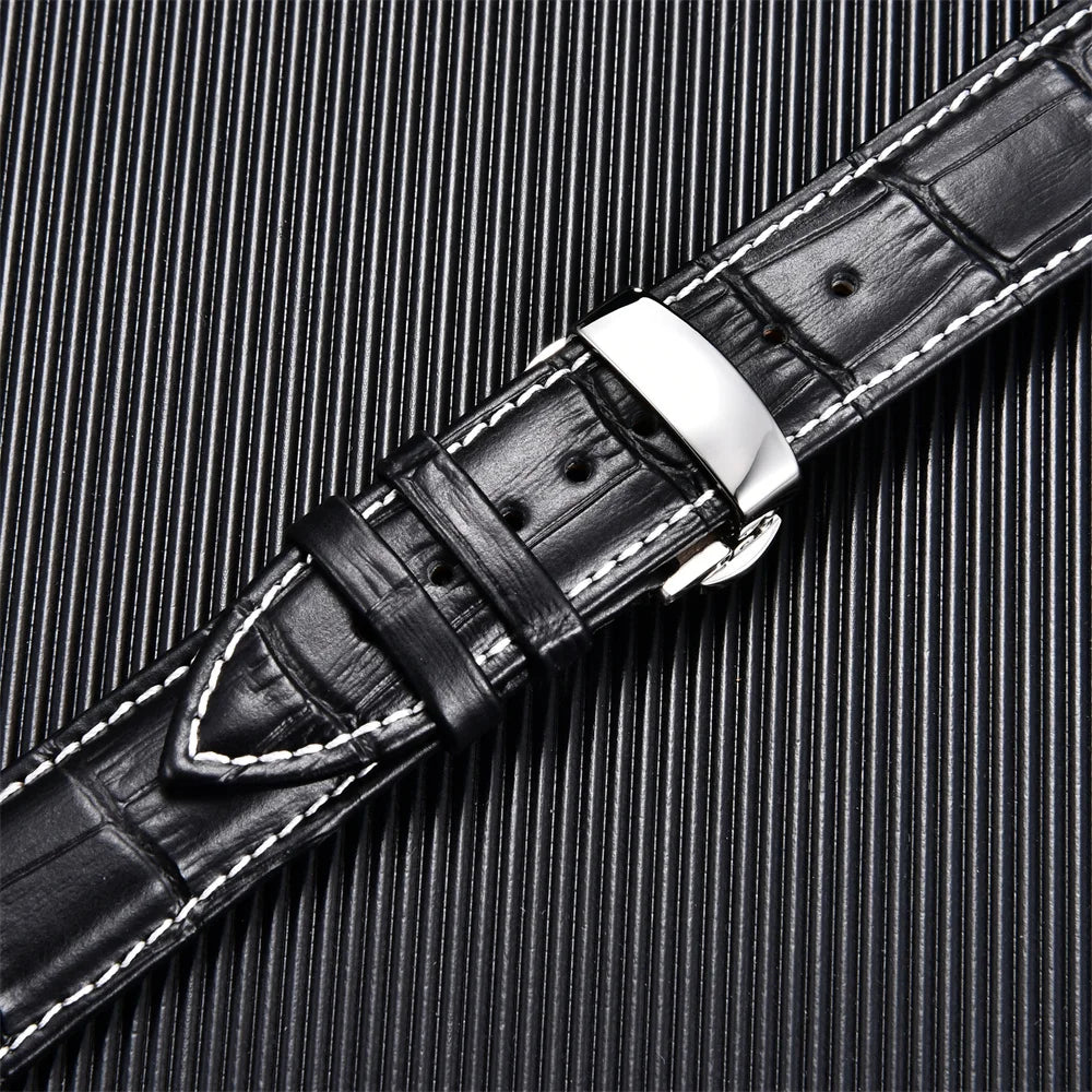 Premium Calfskin Leather Watch Band with Butterfly Buckle