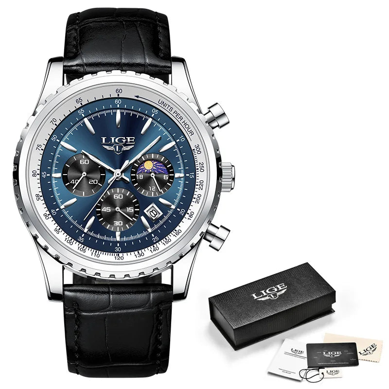 New Fashion Mens Watches LIGE Top Brand Luxury Leather Casual Quartz Watch Men's Sport Waterproof Clock Watch Reloj Hombre+Box