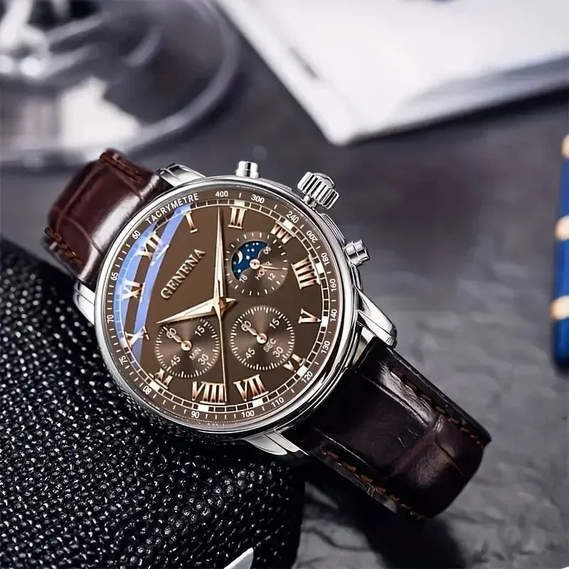 Men's Leather Analog Quartz Watch