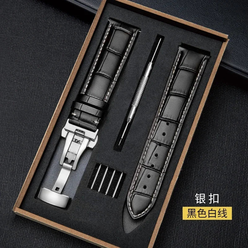 Watch Band with Wooden Box Butterfly Clasp Watchband Replacement Genuine Leather Strap 18mm 20mm 22mm Bracelet Watch Accessories