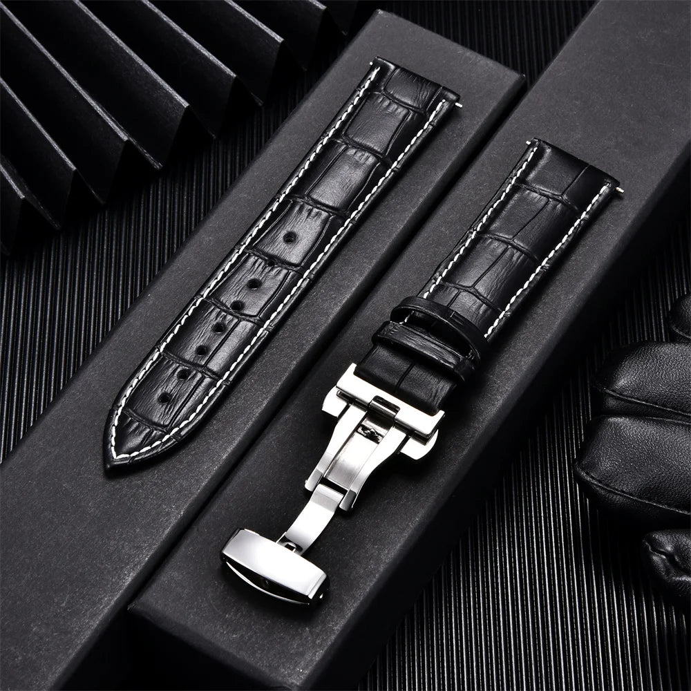 Premium Calfskin Leather Watch Band with Butterfly Buckle