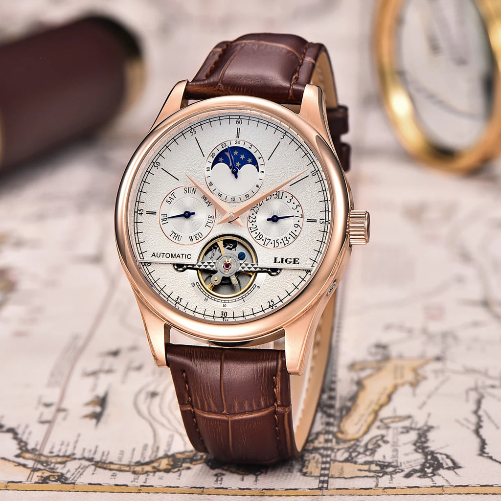 LIGE Business Automatic Watch Men Mechanical Wristwatch Waterproof Leather Date Hollow Tourbillon Diving Watch Relogio mecanico