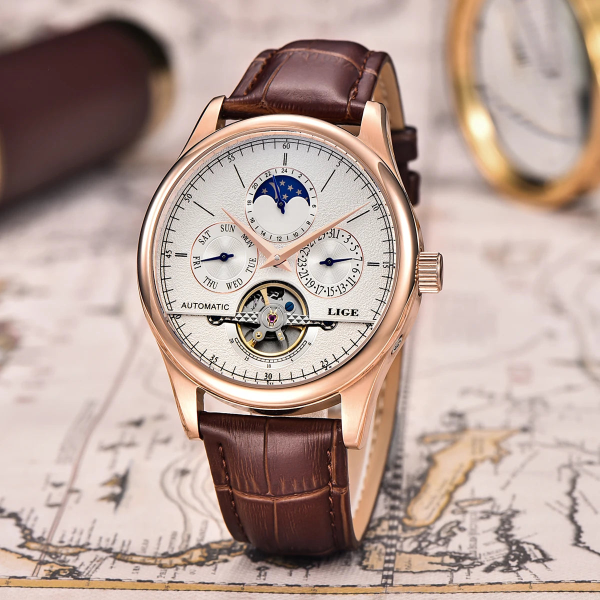 LIGE Business Automatic Watch Men Mechanical Wristwatch Waterproof Leather Date Hollow Tourbillon Diving Watch Relogio mecanico