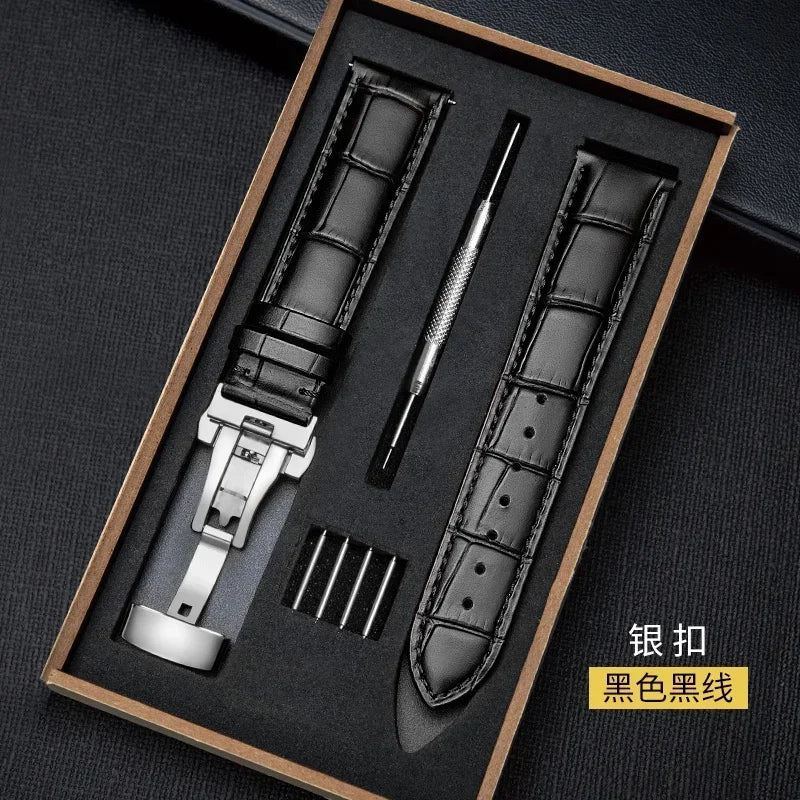 Watch Band with Wooden Box Butterfly Clasp Watchband Replacement Genuine Leather Strap 18mm 20mm 22mm Bracelet Watch Accessories
