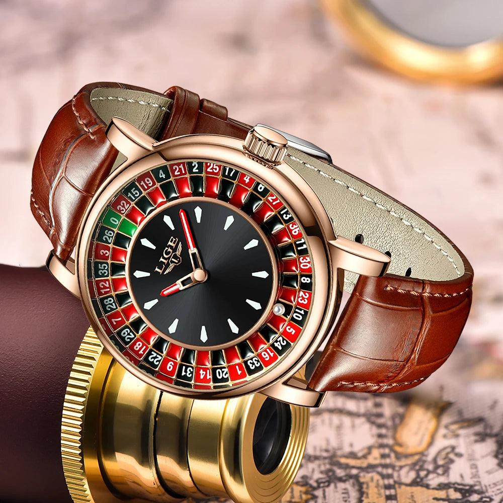 LIGE Men's Rotating Dial Leather Watch