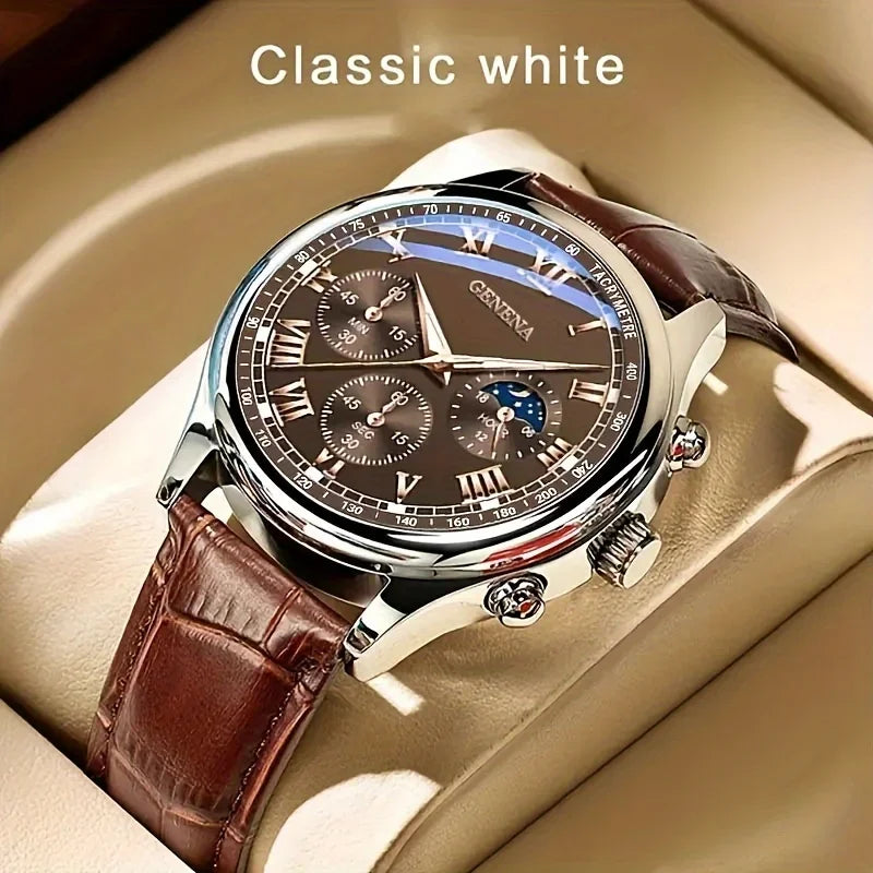 Men's Leather Analog Quartz Watch