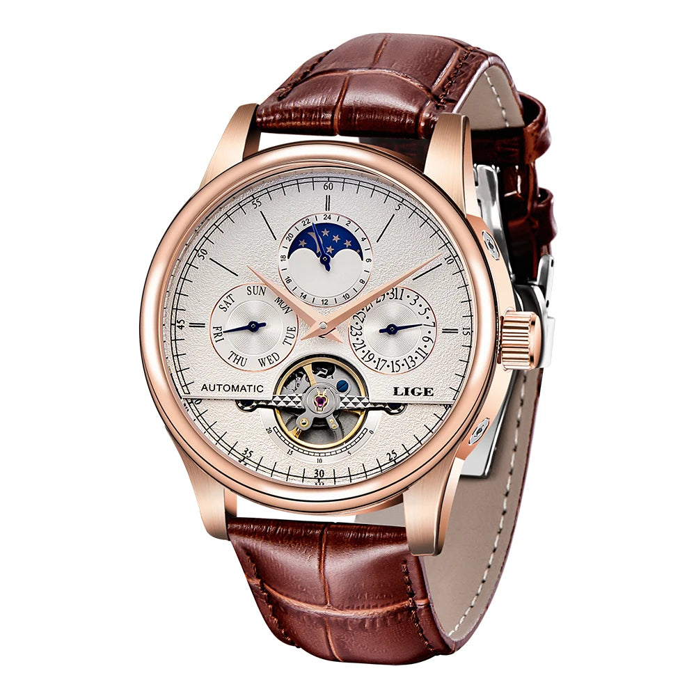 LIGE Business Automatic Watch Men Mechanical Wristwatch Waterproof Leather Date Hollow Tourbillon Diving Watch Relogio mecanico