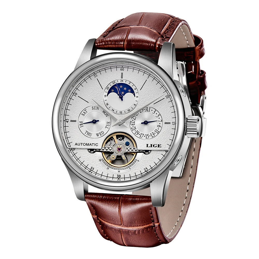 LIGE Business Automatic Watch Men Mechanical Wristwatch Waterproof Leather Date Hollow Tourbillon Diving Watch Relogio mecanico