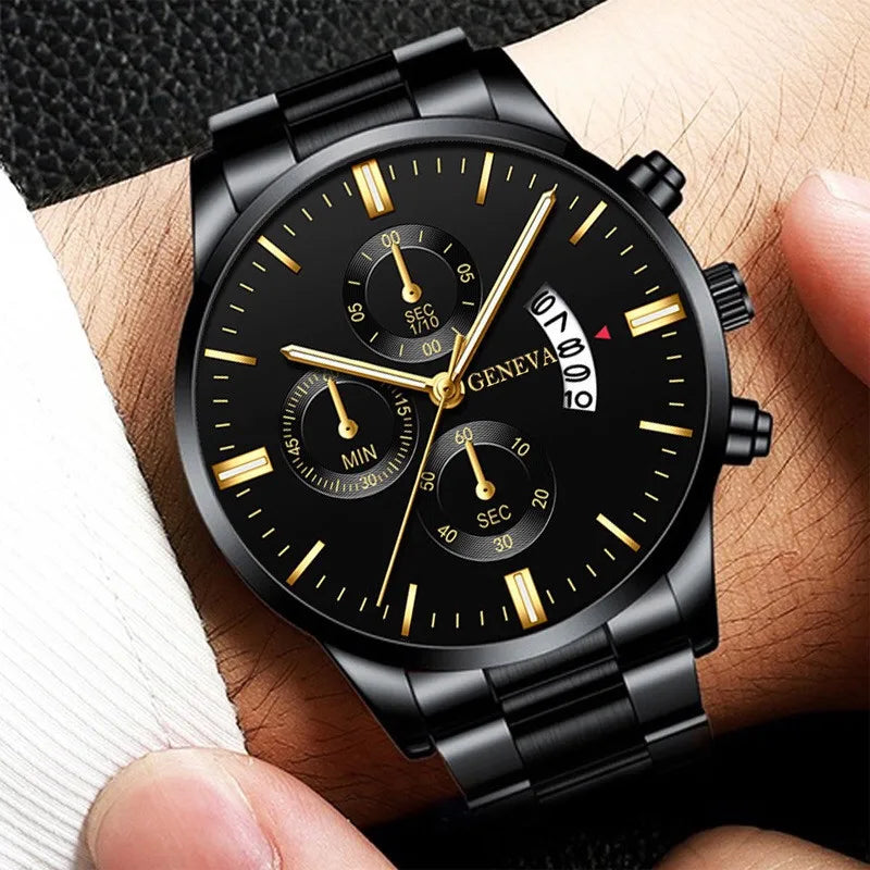 Men's Steel Band Watch & Bracelet Set