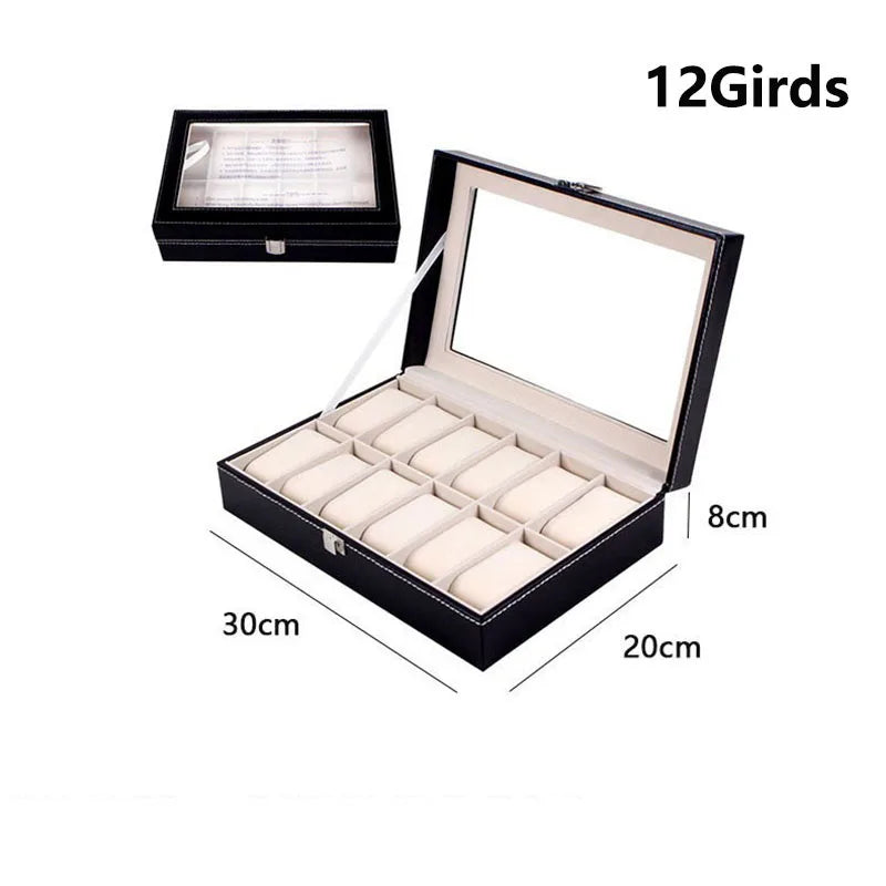 DELESYS  Classic Style 2/3/4/5/6/8/10/12/20 Slots PU Leather Watch Display Case Organizer Jewelry Storage Box With Glass Top