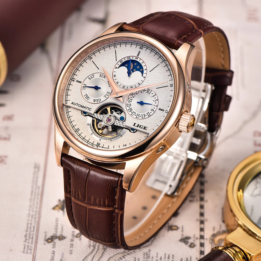 LIGE Business Automatic Watch Men Mechanical Wristwatch Waterproof Leather Date Hollow Tourbillon Diving Watch Relogio mecanico