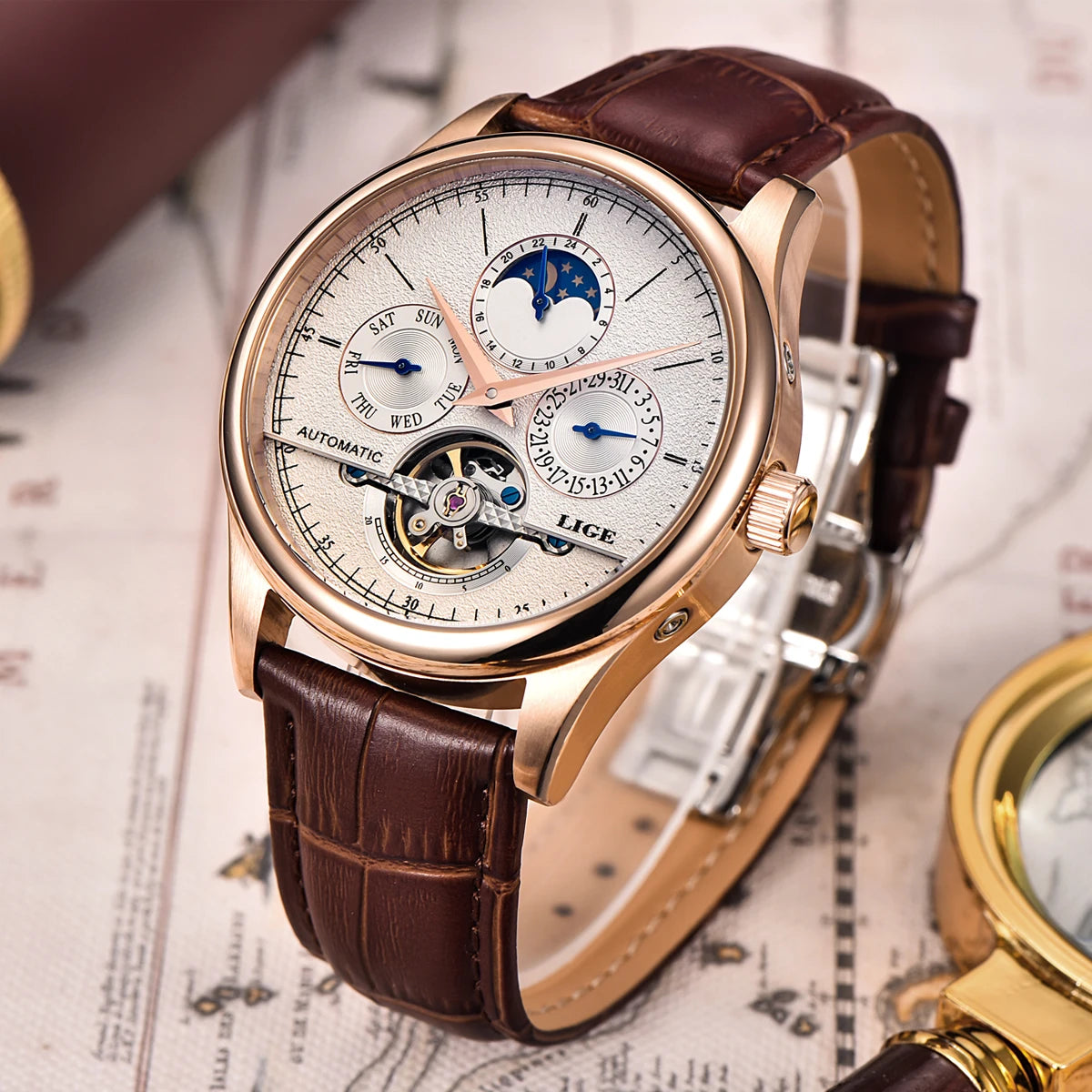 LIGE Business Automatic Watch Men Mechanical Wristwatch Waterproof Leather Date Hollow Tourbillon Diving Watch Relogio mecanico