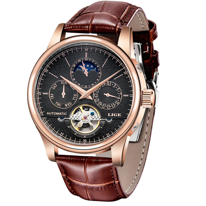LIGE Men Watches Automatic Mechanical Watch Tourbillon Clock Genuine Leather Waterproof Watch Men Military Wristwatch Man