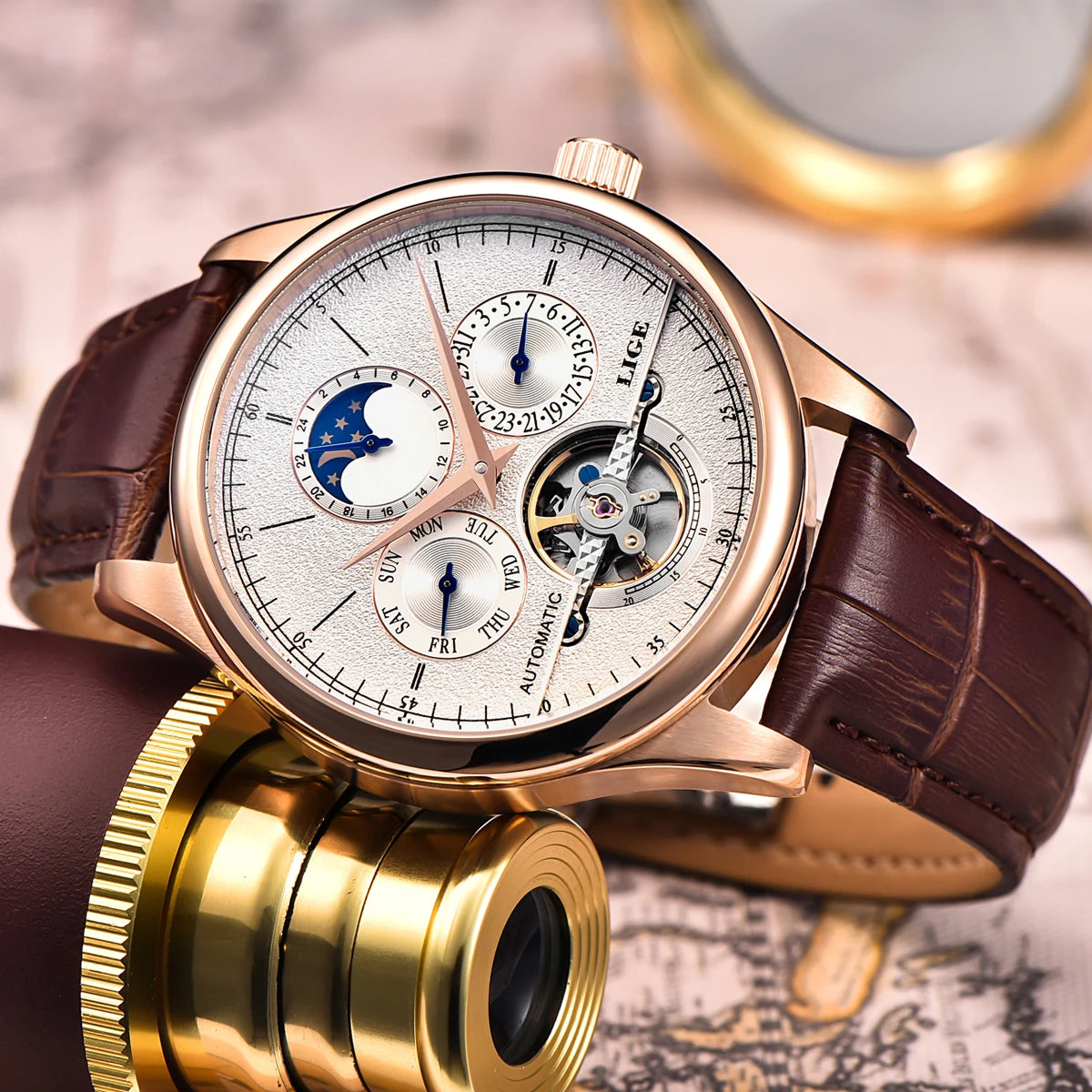 LIGE Business Automatic Watch Men Mechanical Wristwatch Waterproof Leather Date Hollow Tourbillon Diving Watch Relogio mecanico
