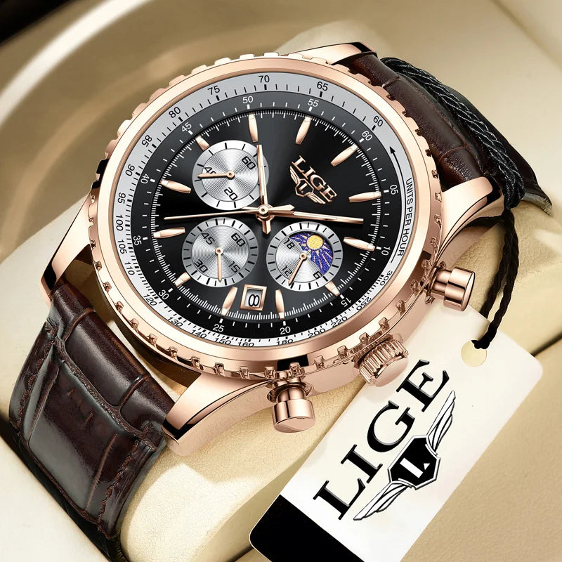 New Fashion Mens Watches LIGE Top Brand Luxury Leather Casual Quartz Watch Men's Sport Waterproof Clock Watch Reloj Hombre+Box