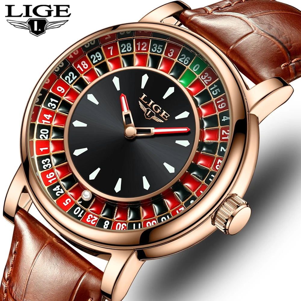 LIGE Men's Rotating Dial Leather Watch
