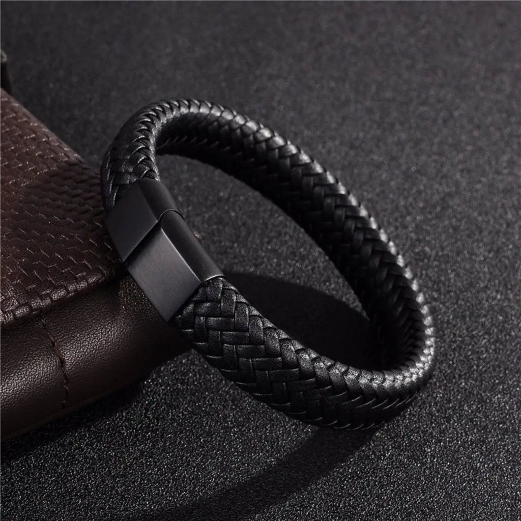 Premium Men's Woven Leather Bangle Bracelet