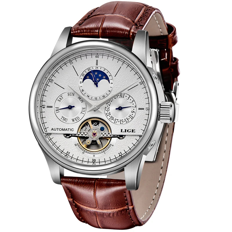 LIGE Men Watches Automatic Mechanical Watch Tourbillon Clock Genuine Leather Waterproof Watch Men Military Wristwatch Man